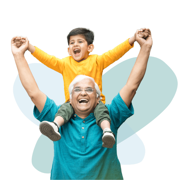 Grandfather smiling with child on shoulders